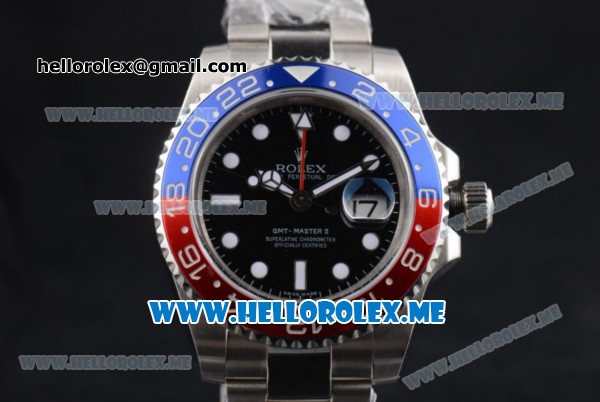 Rolex GMT-Master II Clone Rolex 3186 Automatic Stainless Steel Case/Bracelet with Black Dial and White Markers Red/Blue Bezel (BP) - Click Image to Close